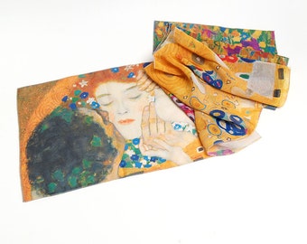 Gustav Klimt El beso Bufanda fina de gasa dorada para mujer Chal de seda amarillo Hecho en Ucrania Regalos para ella Accesorios Pañuelo para el cuello Regalo artístico