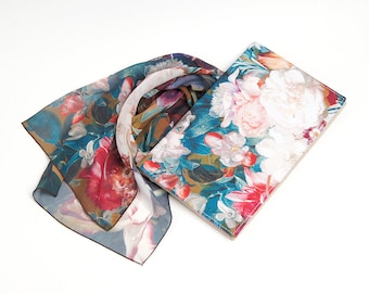 Gift set for women Floral scarf Art teacher gift Small purse Evening bag Silk scarf women Flower print Clutch bag Made in Ukraine Mom gift