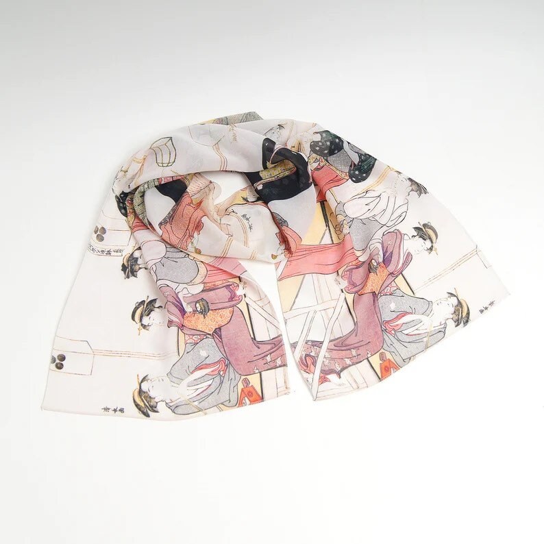 Japanese silk scarf Geisha Chiffon scarf women Mod scarf Ivory shawl Japan print Summer scarf Ukraine shops Formal shawl Gift for women image 5