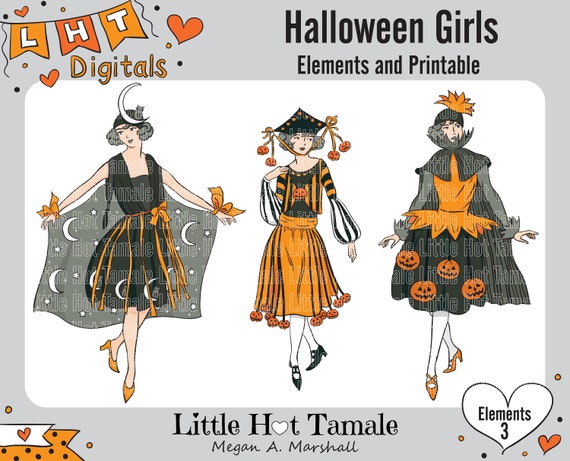 1920s Halloween Girl Elements \u0026 Printable , Little Hot Tamale Costume Party Dress Vintage Halloween Planner Supplies Scrapbook Digital