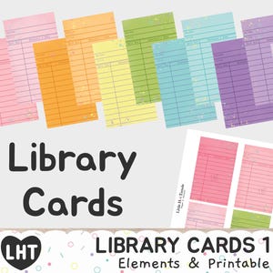 Elementos digitais e imprimíveis para cartões de biblioteca em tons pastéis, cartões de biblioteca em tons pastéis, itens efêmeros de diários de lixo, clip art para cartões de livros de biblioteca