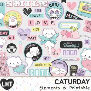 Sábado, elementos de fondo imprimibles y transparentes, lindos gatos pastel para manualidades de papel, materiales para álbumes de recortes digitales, efímeras recortadas con precisión