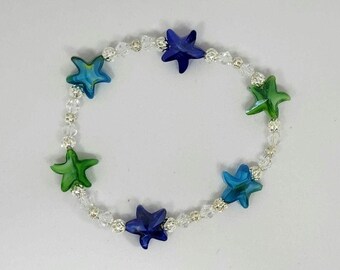 OCEAN BEACH SEASIDE colors Bracelet with glass STARFiSH Beads Green Blue Turquoise 7"