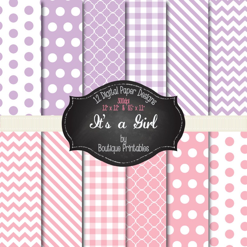 It's a Girl Pink & Purple digital papers 12x12 and 8.5x11 300 dpi image 1