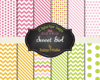 Sweet Girl - Pink, Green, & Yellow digital papers - 12x12 and 8.5x11 300 dpi