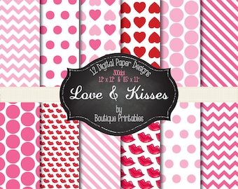 Love & Kisses- Valentine's digital papers - 12x12 and 8.5x11 300 dpi