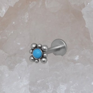 Cartilage Earring Stud - Surgical Steel Tragus Labret Flat Back - Helix Stud with Turquoise Stone - Conch Jewelry - Labret Jewelry 16g