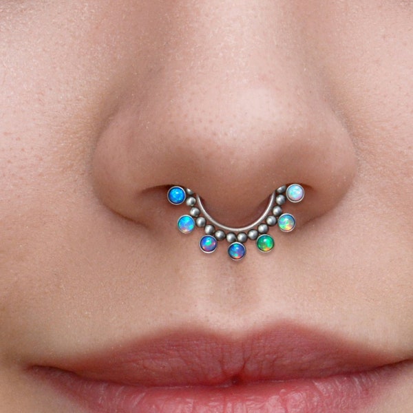 Septum Ring Surgical Steel - Septum Jewelry with Opal Stones - Daith Earring - Septum Clicker Ring - Daith Piercing - Body Piercing Jewelry