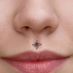 Surgical Steel Lip Ring Stud - Medusa Piercing Jewelry - Monroe Flat Back Stud with Ruby Stone - Philtrum Labret Stud - Labret Jewelry