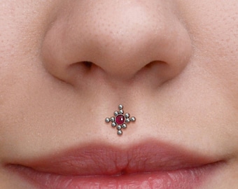 Surgical Steel Lip Ring Stud - Medusa Piercing Jewelry - Monroe Flat Back Stud with Ruby Stone - Philtrum Labret Stud - Labret Jewelry