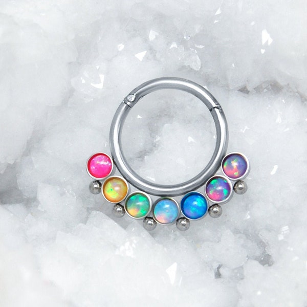 Septum Piercing Implant Grade Titanium - Daith Earring Hoop - Septum Clicker avec Opal Stones - Daith Jewelry 16g - Septum Nose Ring