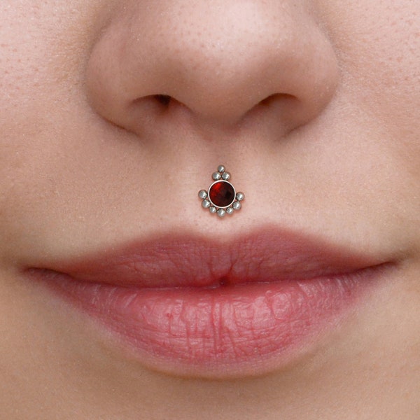 Surgical Steel Lip Ring Stud - Medusa Piercing Jewelry - Monroe Flat Back Stud with Garnet Stone - Philtrum Labret Stud - Labret Jewelry