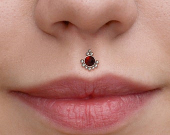 Surgical Steel Lip Ring Stud - Medusa Piercing Jewelry - Monroe Flat Back Stud with Garnet Stone - Philtrum Labret Stud - Labret Jewelry