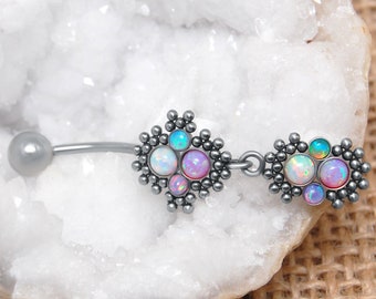 Belly Ring - Belly Button Ring Surgical Steel - Navel Jewelry with Opal stones - Belly Piercing - Body Piercing Jewelry