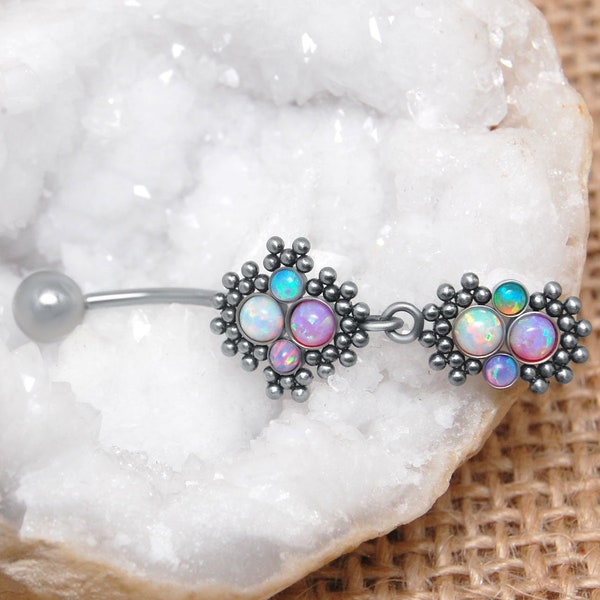 Belly Ring - Belly Button Ring Surgical Steel - Navel Jewelry with Opal stones - Belly Piercing - Body Piercing Jewelry
