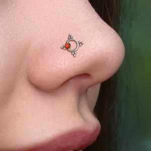 Può includere: Un anello per il naso in argento con una piccola pietra preziosa rotonda di colore arancione al centro. L'anello è decorato con piccole perle rotonde.