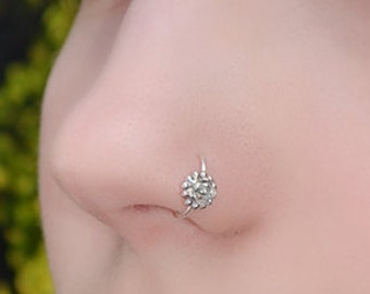 Silver Nose Ring - Flower Nose Hoop - Rook Earring - Septum Piercing - Tragus Jewelry - Cartilage Earring Hoop - Daith Ring 20 gauge