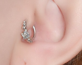 Silver Tragus Earring Flower - Nose Ring Stud - Cartilage Hoop Earring - Helix Piercing - 16g Rook Hoop - Septum Ring 16 gauge