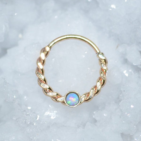 Gold Septum Ring 20g - 2mm Blue Opal Nose Hoop - Tragus Earring Hoop - Cartilage Hoop Earring - Nose Ring - Nipple Ring - Rook Jewelry