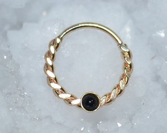 Gold Septum Ring 14g - 2mm Onyx Nose Hoop - Tragus Earring Hoop - Cartilage Hoop Earring - Nose Ring - Nipple Ring - Rook Jewelry