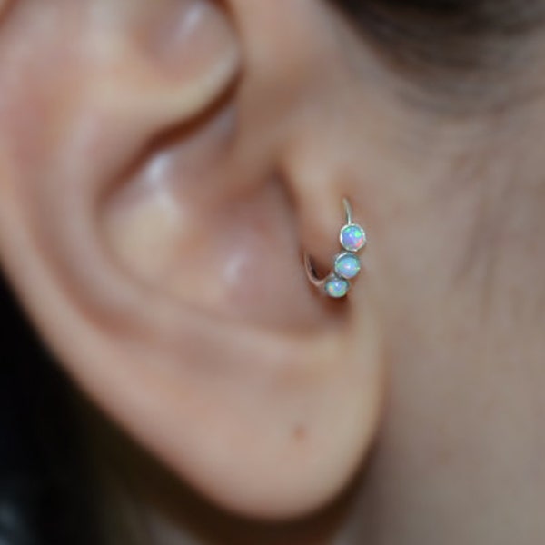 Silver Tragus Earring 2mm Blue Opal - Rook Earring - Nose Ring Stud - Cartilage Earring - Daith Piercing - Helix Jewelry - Septum Piercing