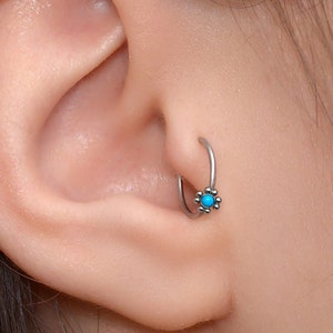 Tragus Earring - Cartilage Hoop Surgical Steel - Seamless Ring for Helix Piercing - Rook Clicker - Conch Jewelry with Turquoise Stone