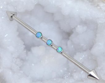 Piercing industrial Blue Opal - Pendiente tipo andamio - Barra industrial de acero quirúrgico - Pendiente industrial calibre 14