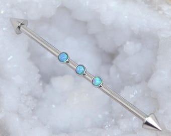 Blue Opal Industrial Piercing - Scaffold Earring - Industrial Barbell Surgical Steel - Industrial Earring 14 gauge