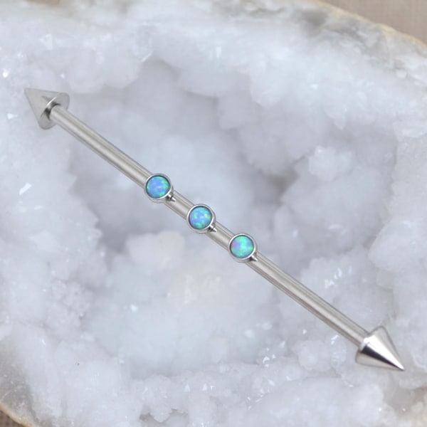 Blauwe opaal industriële piercing - steigeroorbel - industrieel staafje Chirurgisch staal - industriële oorbel 14 gauge
