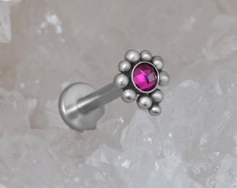 Lip Piercing Jewelry Surgical Steel - Labret Piercing Internally Threaded Stud - Medusa Flat Back Earring - Monroe Stud with Ruby Stone