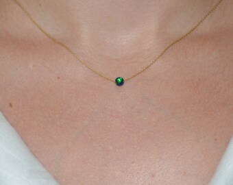 Opal Necklace, Tiny Dot Necklace, Small Opal Ball Gold Necklace, blue opal charm, simple dainty circle opal bead necklace, opal jewelry