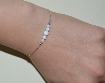 White Opal Bracelet, Tiny Opal Dot Bracelet, simple dainty coin/circle silver bracelet, minimalist horizontal bar bracelet, opal jewelry