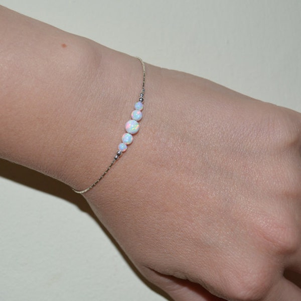 White Opal Bracelet, Tiny Opal Dot Bracelet, simple dainty coin/circle silver bracelet, minimalist horizontal bar bracelet, opal jewelry