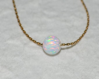 Opal Necklace, Tiny Dot Necklace, Small Opal Ball Gold Necklace, white opal charm, simple dainty circle opal bead necklace, opal jewelry