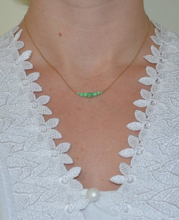 Opal Necklace, Tiny Green Opal Dot Necklace, simple dainty coin/circle gold necklace, horizontal bar necklace, opal jewelry