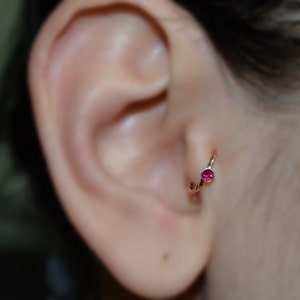 Tragus Earring - Gold Nose Piercing - Helix Ring - 2mm Red Ruby Tragus Hoop - Daith Piercing - Cartilage Ring - Rook Jewelry - Nose Ring 20g