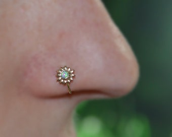 Gold 6mm Flower Nose Ring 16g - Tragus Ring Opal - Forward Helix Earring - Cartilage Earring - Rook Jewelry - Daith Jewelry - Conch Earring