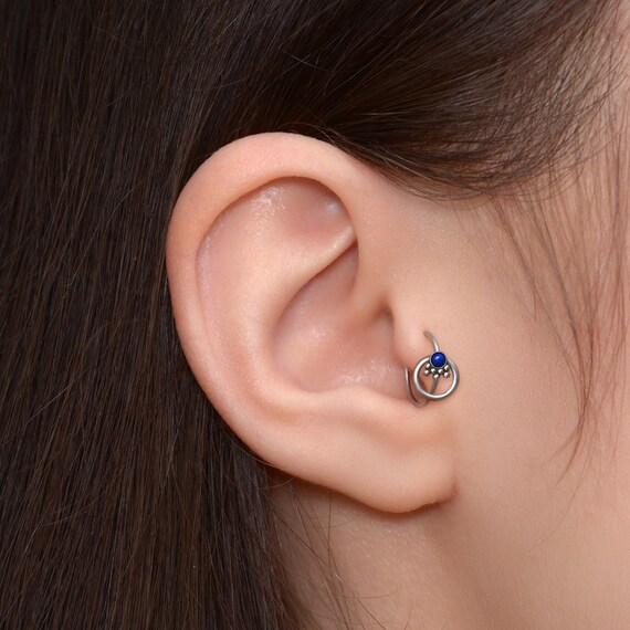 Tragus Hoop - Surgical Steel Cartilage Clicker - Helix Piercing Jewelry - Rook Ring Lapis Lazuli - Clicker Earring for Conch Piercing