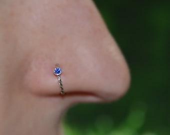 Silver Nose Ring Hoop - Nose Stud - 2mm Sapphire Tragus Earring Hoop - Cartilage Hoop Earring - Daith Earring - 16g Rook - Conch Piercing