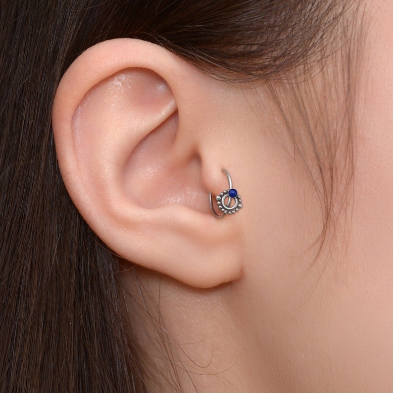 Tragus Hoop Surgical Steel Cartilage Clicker Helix Piercing Jewelry Rook Ring Lapis Lazuli Clicker Earring for Conch Piercing image 1