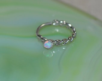 Silver Nose Ring - White 2mm Opal Nose Hoop - Rook Earring - Septum Piercing - Tragus Jewelry - Cartilage Earring Hoop - Daith Ring 18 gauge