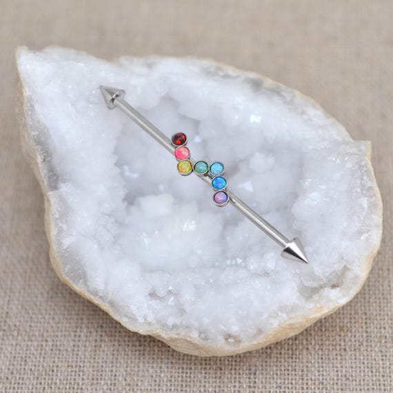 Surgical Steel Industrial Piercing 14 gauge - Industrial Barbell Opal - Scaffold Piercing - Industrial Earring 14g - Industrial Jewelry