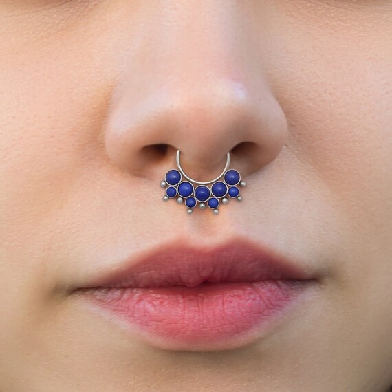 Surgical Steel Septum Ring - Daith Piercing Jewelry - Septum Clicker Ring with Lapis Lazuli Stones - Daith Ring - Septum Piercing