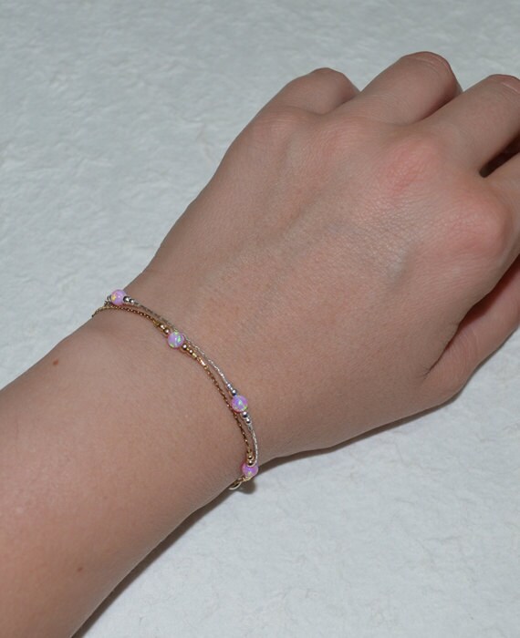 Opal Bracelet, Opal Ball Gold Bracelet, pink opal charm, tiny dot bracelet, opal bead bracelet, opal jewelry