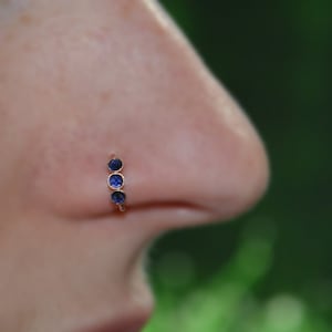 Gold Nose Ring - 2mm Sapphire Nose Hoop - Rook Earring - Septum Piercing - Tragus Jewelry - Cartilage Earring Hoop - Daith Ring 16 gauge