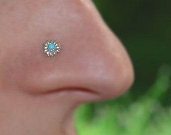 2mm Turquoise Nose Stud - Silver Nose Ring Stud - Rook Earring - Cartilage Stud - Tragus Stud - Nose Screw - Helix Stud - Nose Piercing 18g