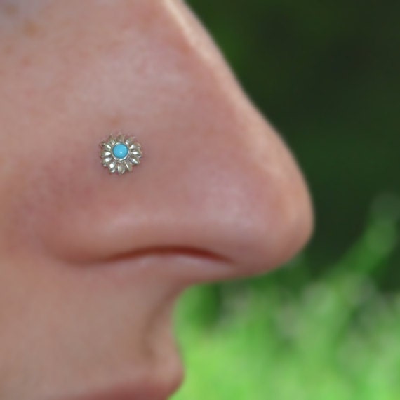 2mm Turquoise Nose Stud Silver Nose Ring Stud Rook Earring Cartilage Stud Tragus Stud Nose Screw Helix Stud Nose Piercing 18G
