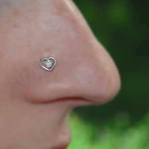 2mm Opal Nose Stud - Silver Heart Nose Ring Stud - Rook Earring - Cartilage Stud - Tragus Stud - Nose Screw - Helix Stud - Nose Piercing 16g