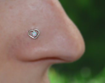 2mm Opal Nose Stud - Silver Heart Nose Ring Stud - Rook Earring - Cartilage Stud - Tragus Stud - Nose Screw - Helix Stud - Nose Piercing 16g