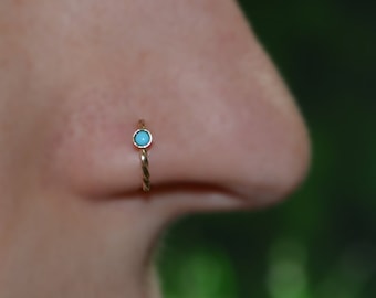 Gold Nose Ring - 2mm Turquoise Nose Hoop - Rook Earring - Septum Piercing - Tragus Jewelry - Cartilage Earring Hoop - Daith Ring 20 gauge